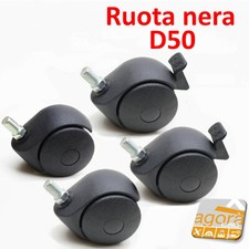 4X RUOTE PERNO FILETTATO M10X15MM RUOTA C/FRENO S/FRENO GIREVOLE Ø50 D.5cm NERA