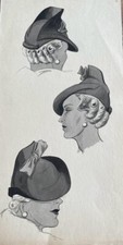 Illustrazione originale moda, cappelli donna, per rivista, anni '30 Parigi