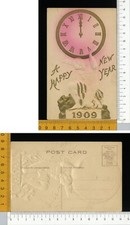 V0718] BUON ANNO DATA 1909 -  NUMERI GRANDI E UOMO CHE SOSTIENE GLOBO OROLOGIO