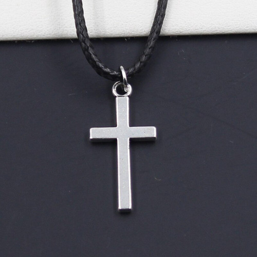 Collana corda nera con - , croce