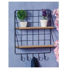 MENSOLA DA PARETE IN FERRO METALLO NERO 2 RIPIANI LEGNO 5 GANCI 30X10X40CM 66199