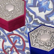 Portagioie Esagonali in Velluto con coperchi a Motivi Floreali in Argento, 1980s