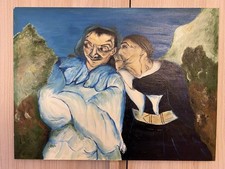 Dipinto ad olio italiano vintage - Pierrot e figura sussurrante, Commedia dell'Arte,