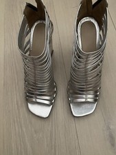 Sandali Donna,n.40,tacco 9 cm ha effetto specchio,pelle,cuoio,colore argento