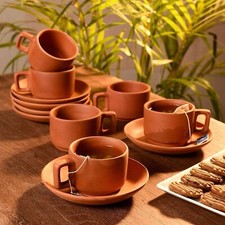 Teiera artigianale in terracotta set di 6 tazze e piattini 5 oz set da tè in argilla rustica