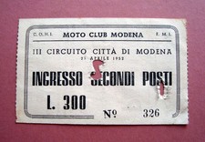 Moto Club Modena III Circuito Città di Modena 1952 biglietto ingresso