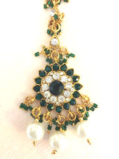 Tikka INDIANO di qualità - Cristalli e perle verdi e trasparenti piatto oro 22k