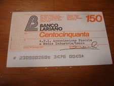 Italia Assegno Circolare Banco Lariano £ 150 lire Miniassegno A.P.I. Lecco
