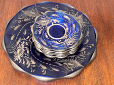 ANTICO PIATTO CON 5 PIATTINI VETRO ANNI 30 CON DECORI ARGENTO