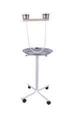 Trespolo Pappagalli Bianco con Ciotole, Vassoio di 45 cm e Ruote - Alto 129 cm