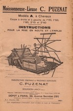 NOTICE  INTRUCTIONS MOISSONNEUSE- LIEUSE PUZENAT type A   à chevaux