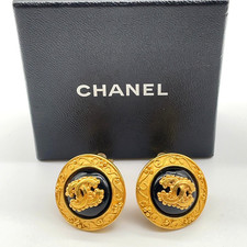 Autentici orecchini CHANEL vintage Coco Gripoix 96A GD/nero rotondi clip-on con B TF100025