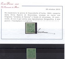 Saggio Sparre - Cent. 15 Stemmi di Savoia in verde su carta giallastra