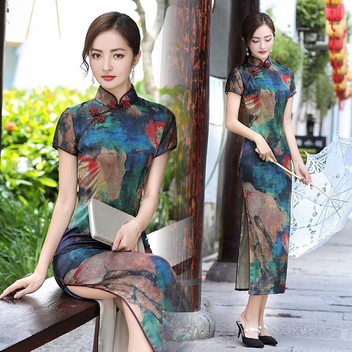 Abito lungo qipao spacco - lungo,
