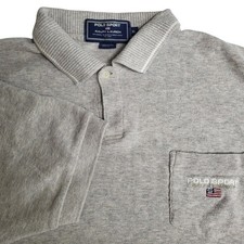 Polo Sport Ralph Lauren Uomo XL Grigio Cotone Polo Tasca T Shirt Bandiera USA Logo Vintage