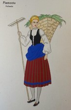 Cartolina Meschini Pochoir GM Ars Nova Costumi Piemonte Valsesia Dipinta a mano