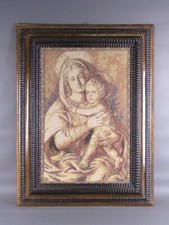 Arazzo madonna con bambino firmato GRH antica cornice legno Arte Sacra XX sec.