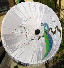 Ombrello Sole Orientale Bambù Legno Tessuto Tipo Raso Traslucido Dipinto A Mano