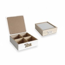 SCATOLA PORTA TÈ BUSTINE Tisane 4 Scomparti Legno BIANCO/NATURALE 18x18x7cm