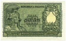 50 LIRE BIGLIETTO DI STATO ITALIA ELMATA DI CRISTINA 31/12/1951 FDS