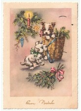 1958 cartolina auguri di Buon Natale vintage cani decorazioni natalizie