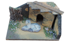 animali presepe statua cane in resina con casa cuccia legno e sughero accessori