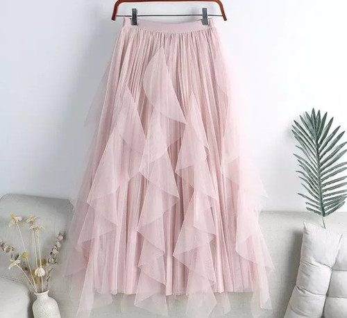 Gonna tulle rosa lunga volant - gonna,