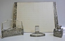 German 4 Piece Desk Set In 800 Fine Silver & Cut/Etched Crystal Classical Design