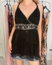 Y2K black silk summer top with gems and paillettes