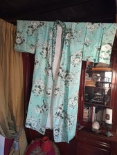 Kimono made in Japan originale vintage pura seta tg Unica verde acqua fiori...
