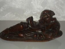 Antica Grossa Statua orientale in legno santone sdraiato che ride secolo xx