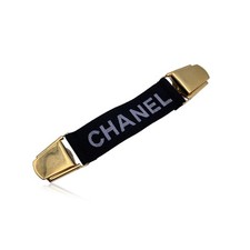 Autentico Chanel Nero Elastico Logo Bretelle Cincher Clip Metallo Oro