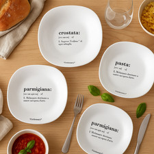 Servizio Piatti Victionary 18 Pezzi in Vetro Opalino con scritta Parmigiana, Pas