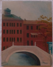 Cesare Pezzali Dipinto Case con ponte Quadro Olio su tela 45x35 cm Firmato 1973