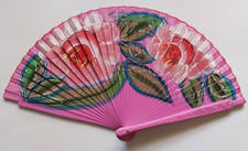Ventaglio Spagnolo Legno Bifacciale Fuxia Bouquet 2 Fiori Rossi con Foglie