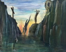 Guazzo Paesaggio Figure Leben