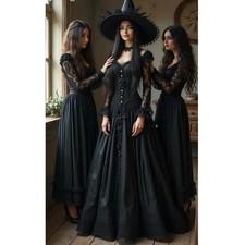 Gothic Black Prom Dress Long Sleeves Lace With Satin Floor Length ALine Medieval