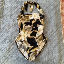 SESSA COSTUME DA BAGNO donna taglia 8 MODESTO COLLO ALTO PEZZO UNICO NERO FLOREALE TROPICALE