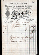 PARIS (X°) USINE d'ARTICLES SOUTACHES / BONNETERIE "SAMUEL" Facture en 1901