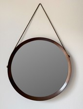 Specchio rotondo con cornice in teak, anni ‘60, manifattura italiana, con corda 