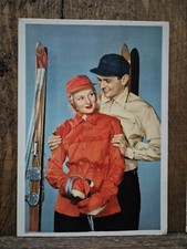 CARTOLINA VINTAGE COPPIA SCI MODA ANNI 50 FOTO COLORE n. 935/7COSTUME ARTE- M2