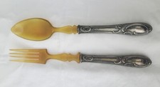 CUCCHIAIO E FORCHETTONE DA INSALATA IN ARGENTO E CORNO VINTAGE
