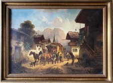 Adolf Schmidt - Arrivo Carovana Della Posta Partenkirchen Olio Dipinto Cocchio