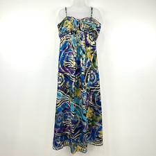 Abito Oleg Cassini donna 14 floreale metallizzato babydoll seta spiaggia evento tropicale