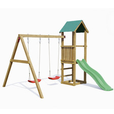 Parco Giochi in Legno con 2 Altalene Scivolo e Sabbiera 310x275x245cm