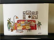 Accogliente Salotto Boho - Illustrazione Originale a Inchiostro e Acquerello