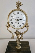 Orologio sveglia vintage ritz in metallo con angioletti e base in legno