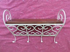 Mensola in ferro battuto e legno porta spezie 4 ganci cucina bianco perla