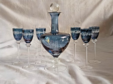 anni 80 - Vintage Liquore Set Bottiglia + Sei Bicchieri Cristallo Blu Firmato