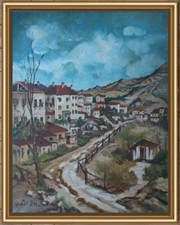 ARTE NAIF VIOTTOLO AL BORGO DI MONTAGNA olio tavola ENRICO COPETTA COEN BRESCIA